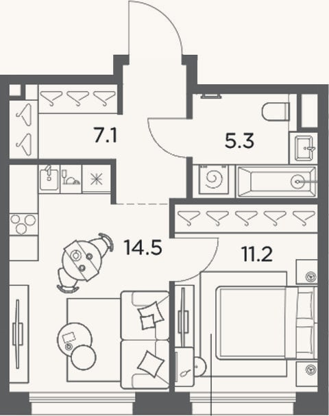 Планировка: 1-к, 38,1 м²