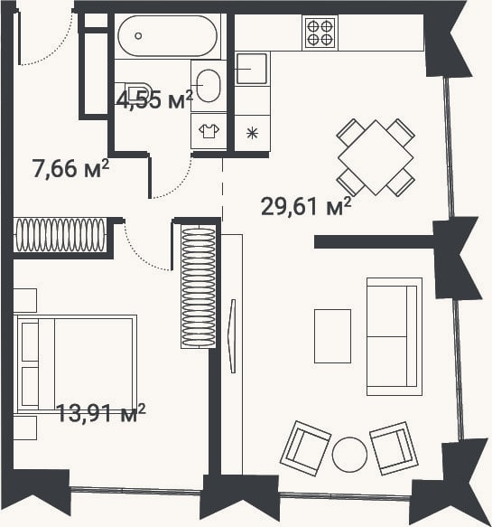 Планировка: 2-к, 56,8 м²