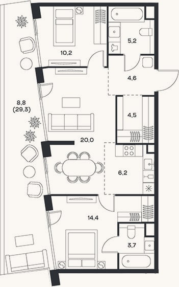 Планировка: 3-к, 68,8 м²