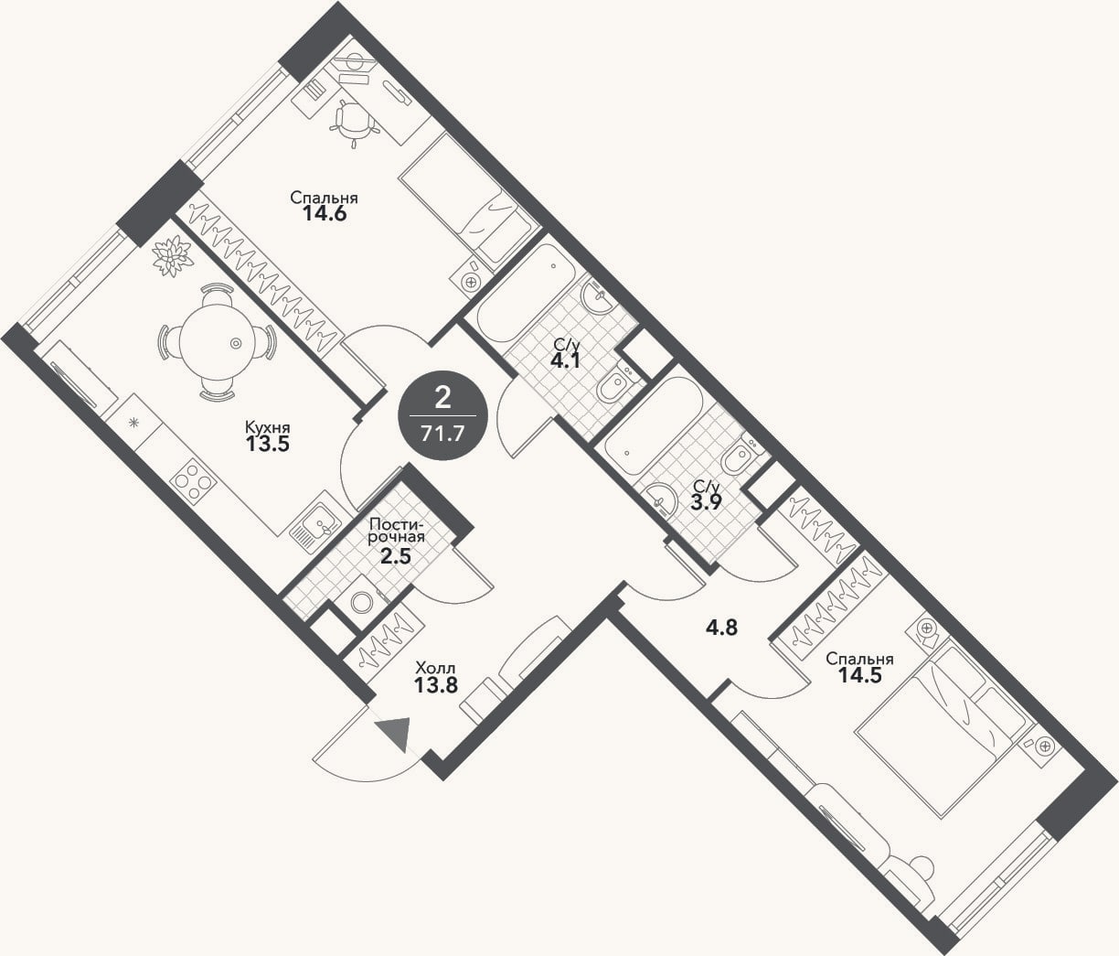 Планировка: 2-к, 71,7 м²