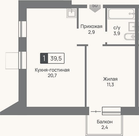 Планировка: 2-к, 38,8 м²