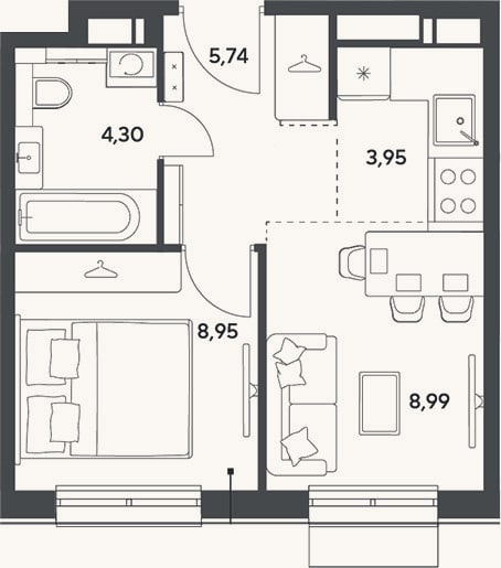 Планировка: 2-к, 31,9 м²
