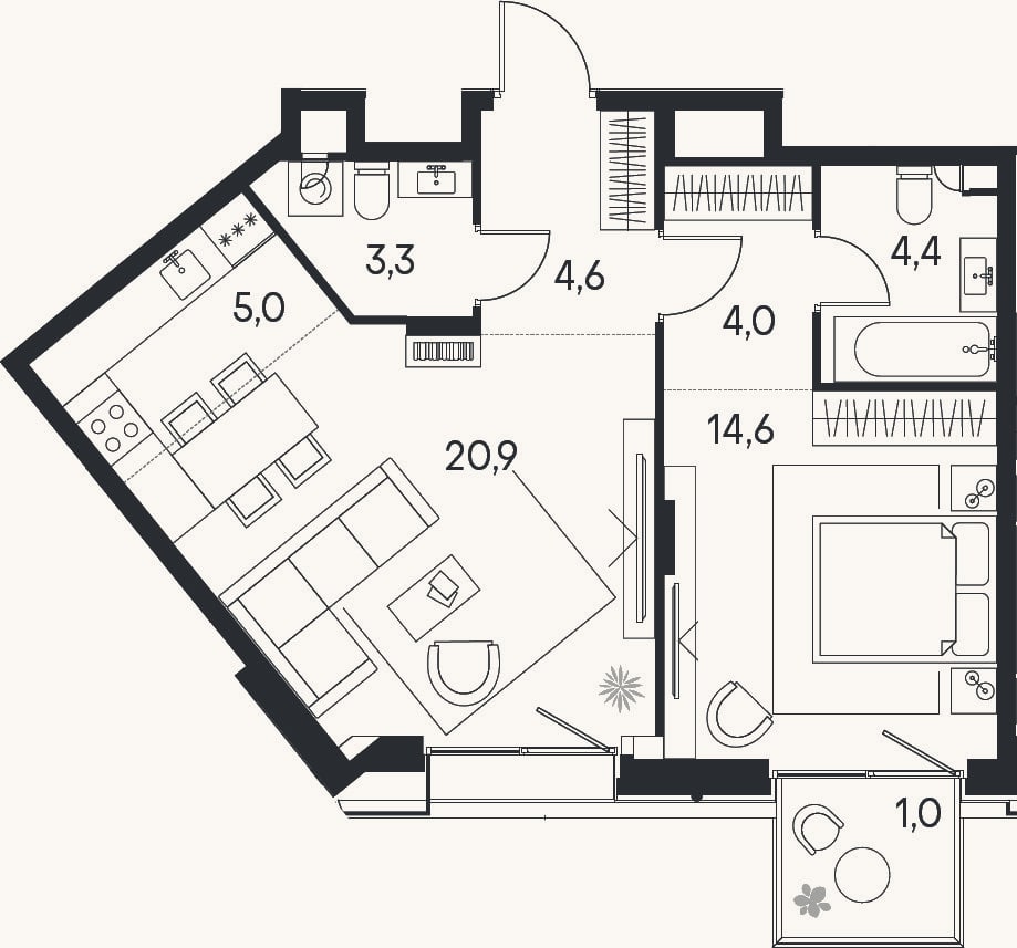 Планировка: 2-к, 56,8 м²