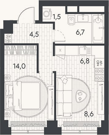 Планировка: 2-к, 42,1 м²