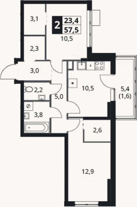 Планировка: 2-к, 55,9 м²