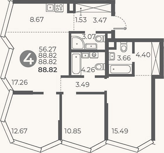 Планировка: 3-к, 88,8 м²