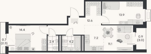 Планировка: 3-к, 65,8 м²