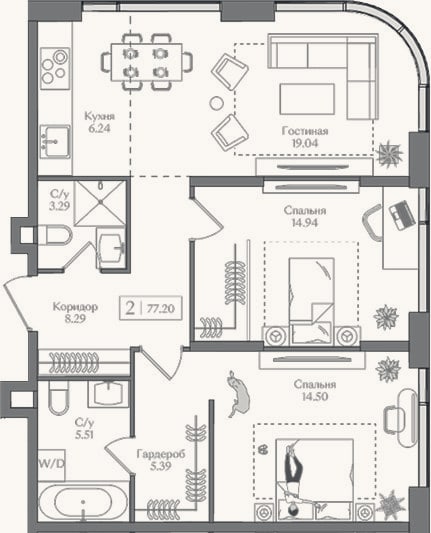 Планировка: 3-к, 77,2 м²