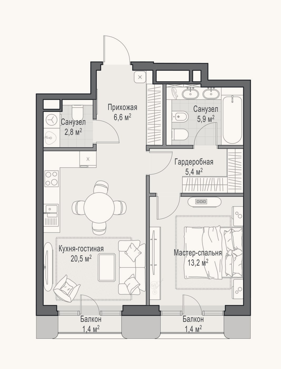 Планировка: 2-к, 54,9 м²
