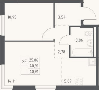 Планировка: 2-к, 40,9 м²