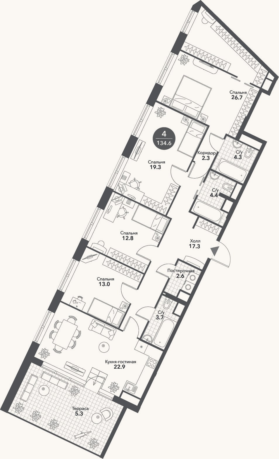 Планировка: 4+ к, 129,3 м²