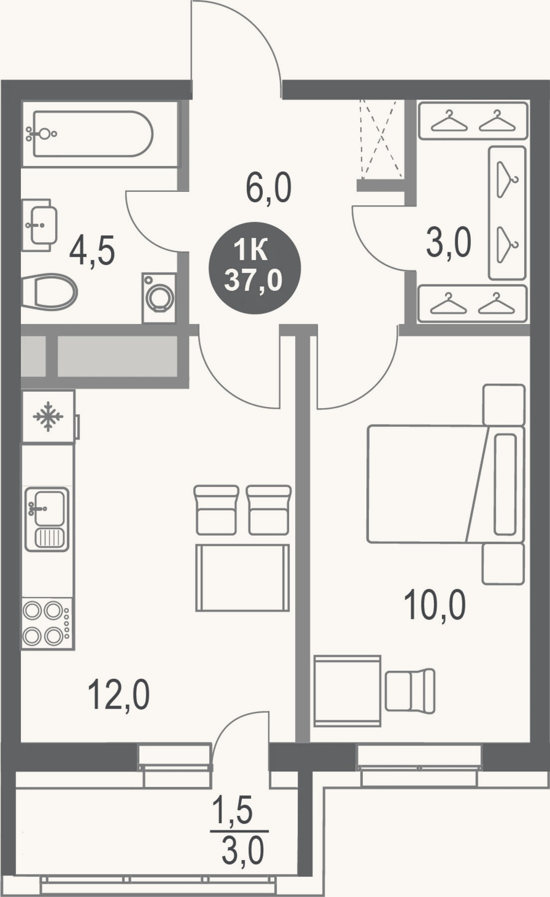 Планировка: 1-к, 35,5 м²