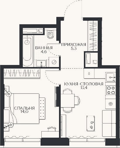 Планировка: 1-к, 37,3 м²