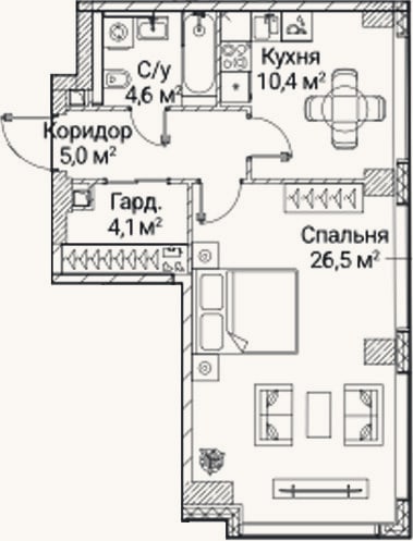Планировка: 1-к, 50,6 м²