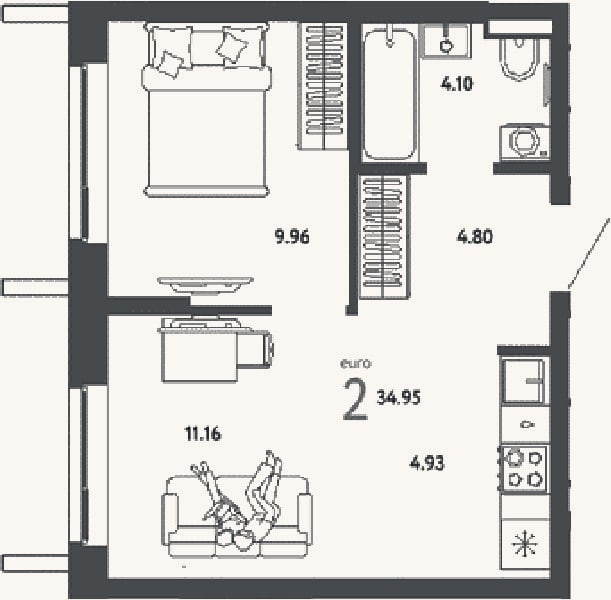 Планировка: 2-к, 35 м²