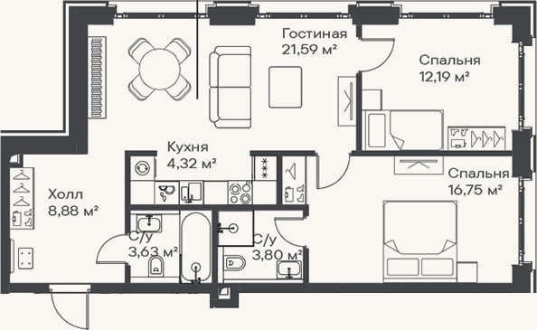 Планировка: 3-к, 71,2 м²