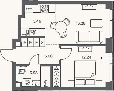 Планировка: 2-к, 40,6 м²