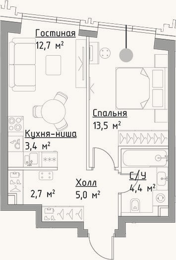 Планировка: 2-к, 41,7 м²