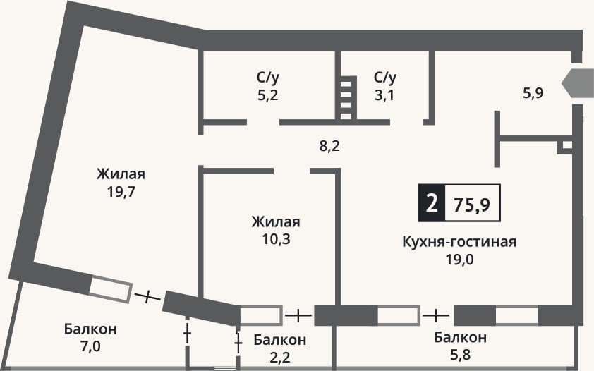 Планировка: 3-к, 71,5 м²