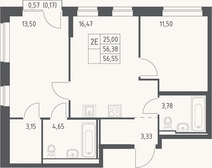 Планировка: 3-к, 56,4 м²
