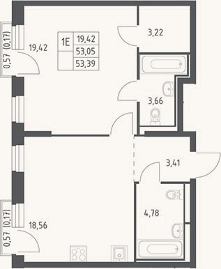 Планировка: 2-к, 53,1 м²