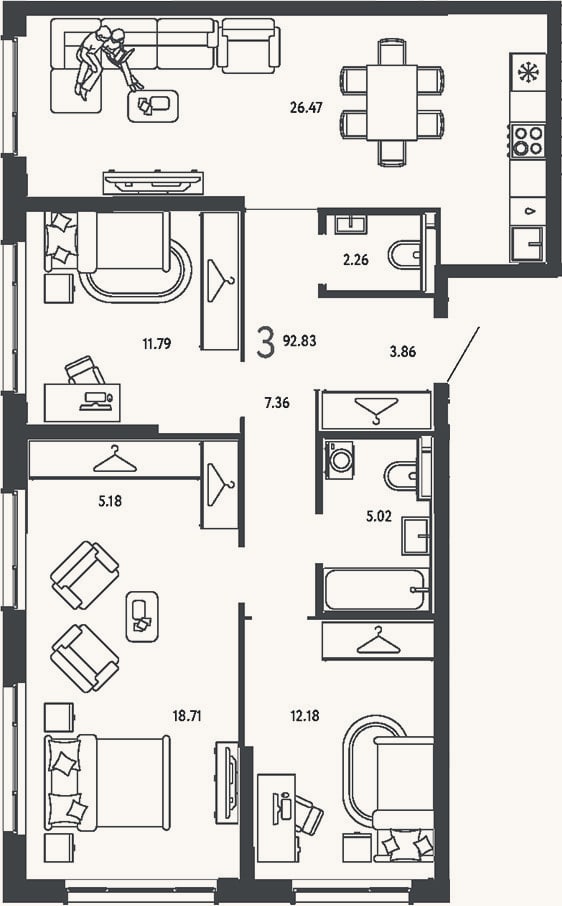 Планировка: 3-к, 92,8 м²