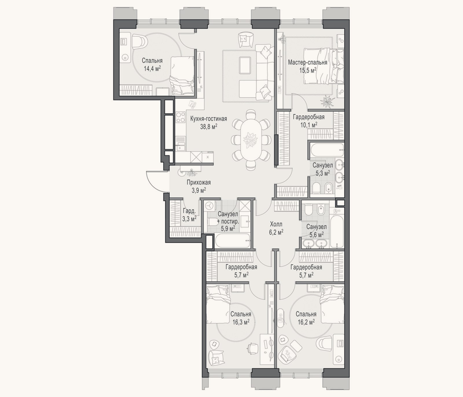 Планировка: 4+ к, 152,9 м²
