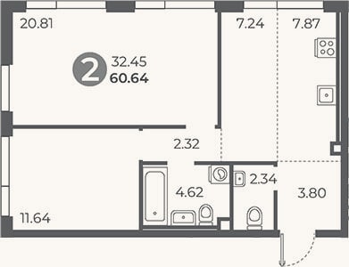Планировка: 2-к, 60,6 м²