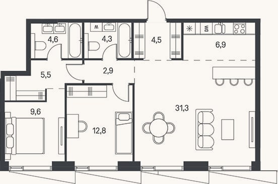 Планировка: 3-к, 82,4 м²