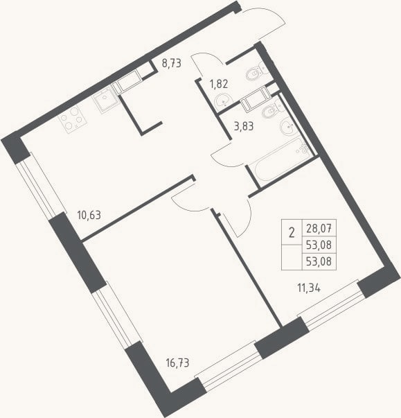 Планировка: 2-к, 53,1 м²