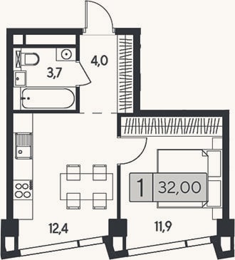 Планировка: 1-к, 32 м²