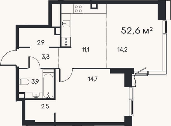 Планировка: 2-к, 52,6 м²