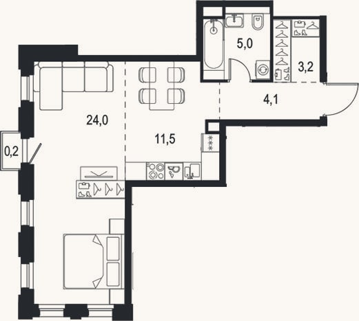 Планировка: 1-к, 47,8 м²
