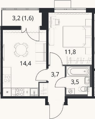 Планировка: 1-к, 33,4 м²