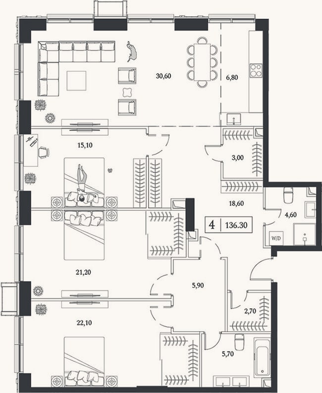 Планировка: 4+ к, 136,3 м²