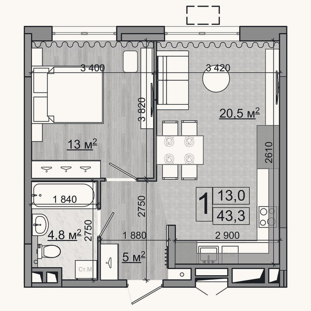 Планировка: 2-к, 43,3 м²