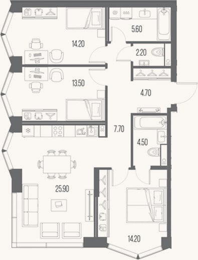 Планировка: 3-к, 92,8 м²