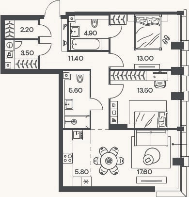 Планировка: 3-к, 77,5 м²