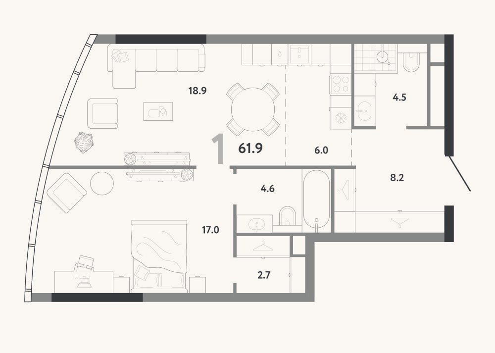 Планировка: 2-к, 61,9 м²