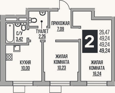 Планировка: 2-к, 49,2 м²