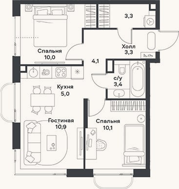 Планировка: 3-к, 50,1 м²