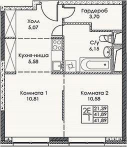 Планировка: 2-к, 41,9 м²