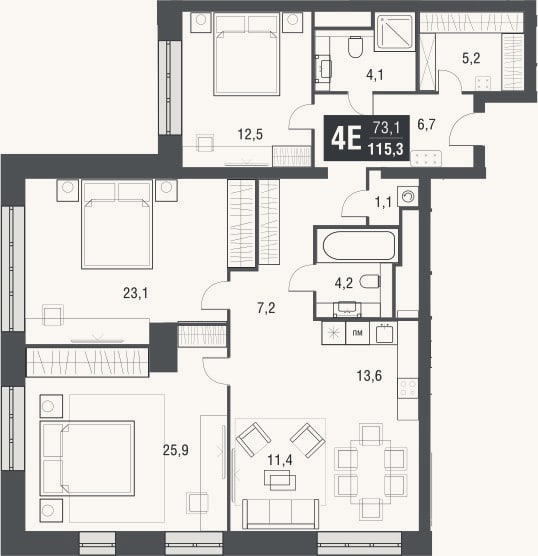 Планировка: 4+ к, 115,4 м²