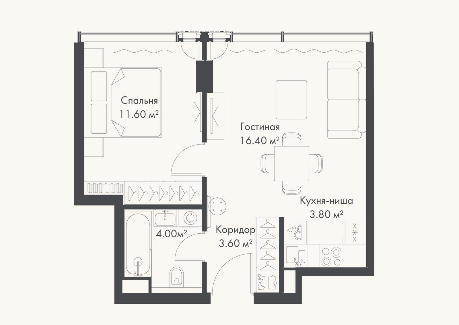 Планировка: 2-к, 39,4 м²