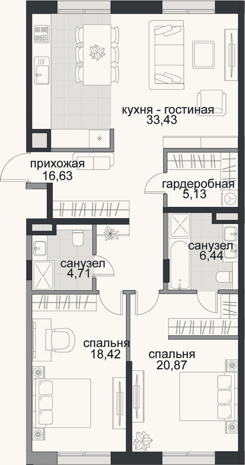 Планировка: 3-к, 105,6 м²