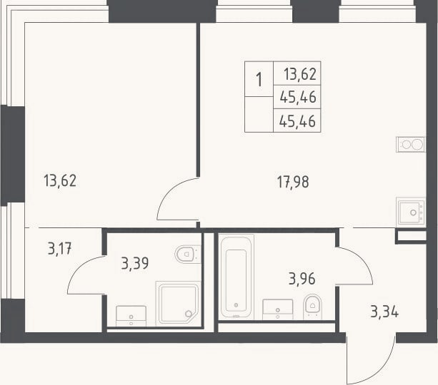 Планировка: 2-к, 45,5 м²