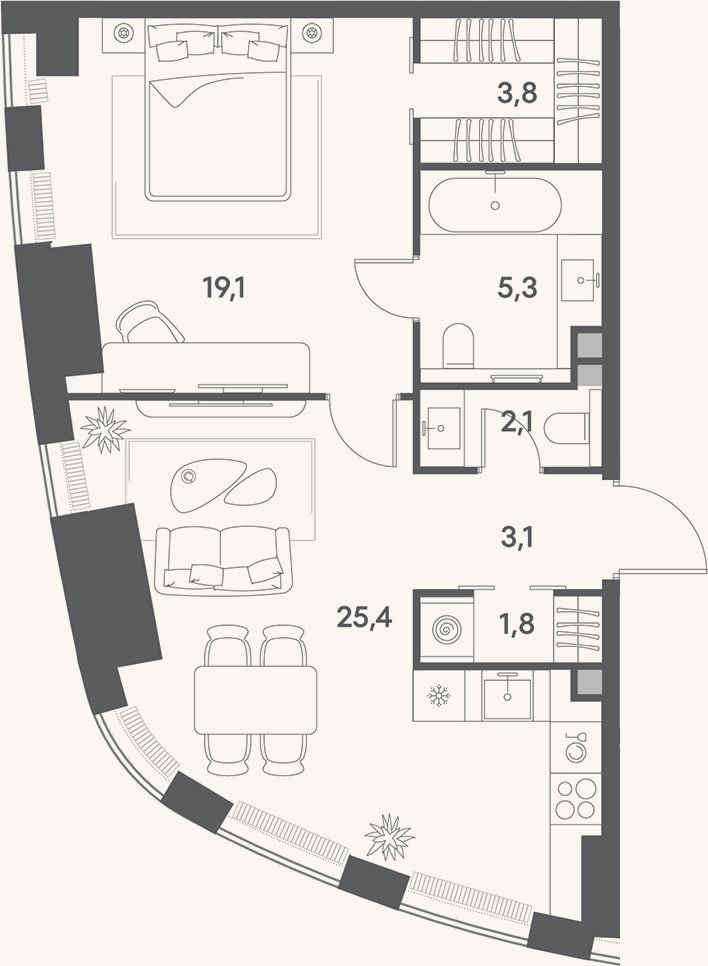 Планировка: 2-к, 60,6 м²