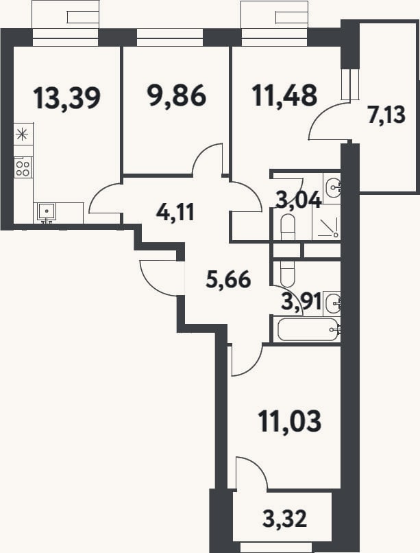 Планировка: 3-к, 62,5 м²