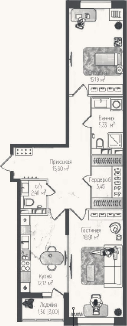 Планировка: 2-к, 75 м²