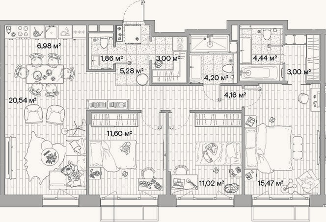 Планировка: 4+ к, 91,6 м²